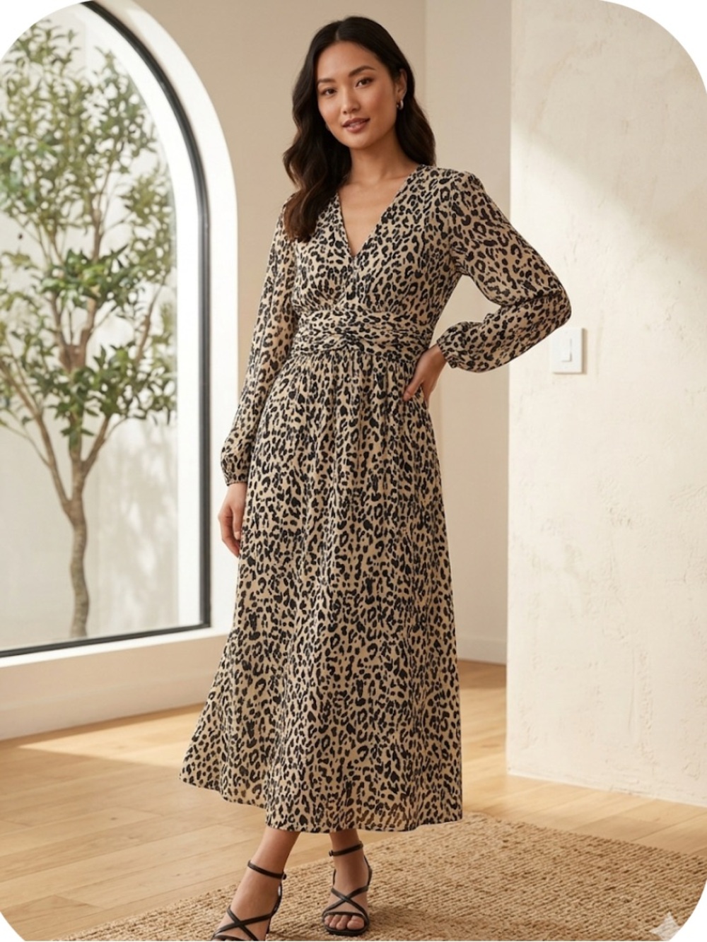 Maxi Leopard Print Dress W/Side Slit Beige/Black SZ Large NWOT